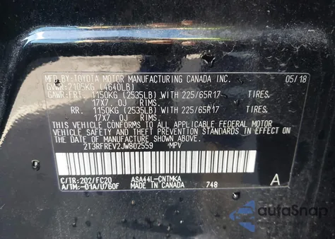 2018 Toyota Rav4 Xle из США, поврежденный, VIN 2T3RFREV2JW802559